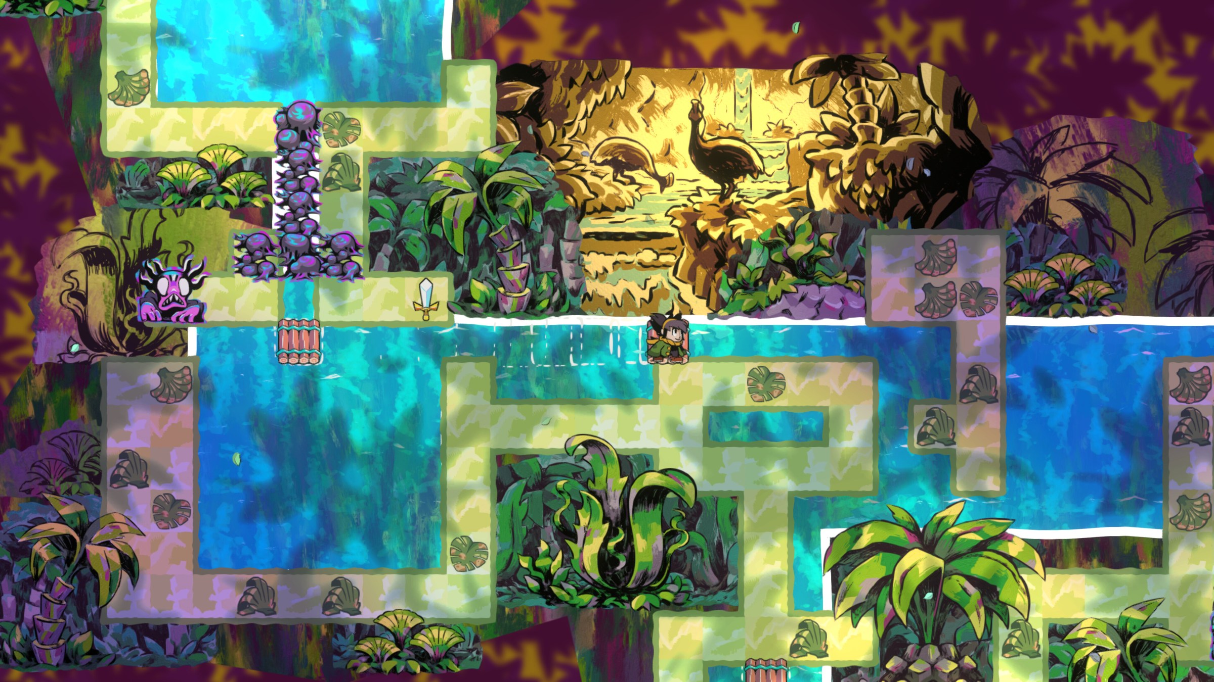 An image of Arranger RPG. There is a top down view of a tropical world and it’s divided via square tiles.