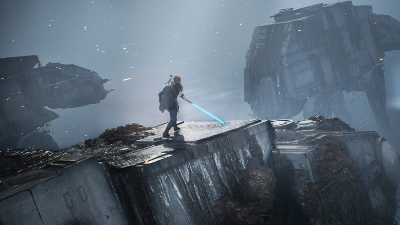A Jedi walking atop AT-ATs in Star Wars Jedi: Fallen Order