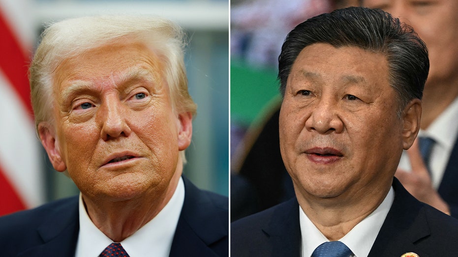 split photo of donald trump wearing black suit and Xi Jinping wearing black suit