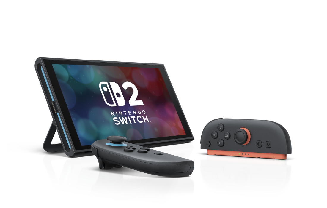 The Switch 2, displayed in tabletop mode with its Joy-Cons detached.