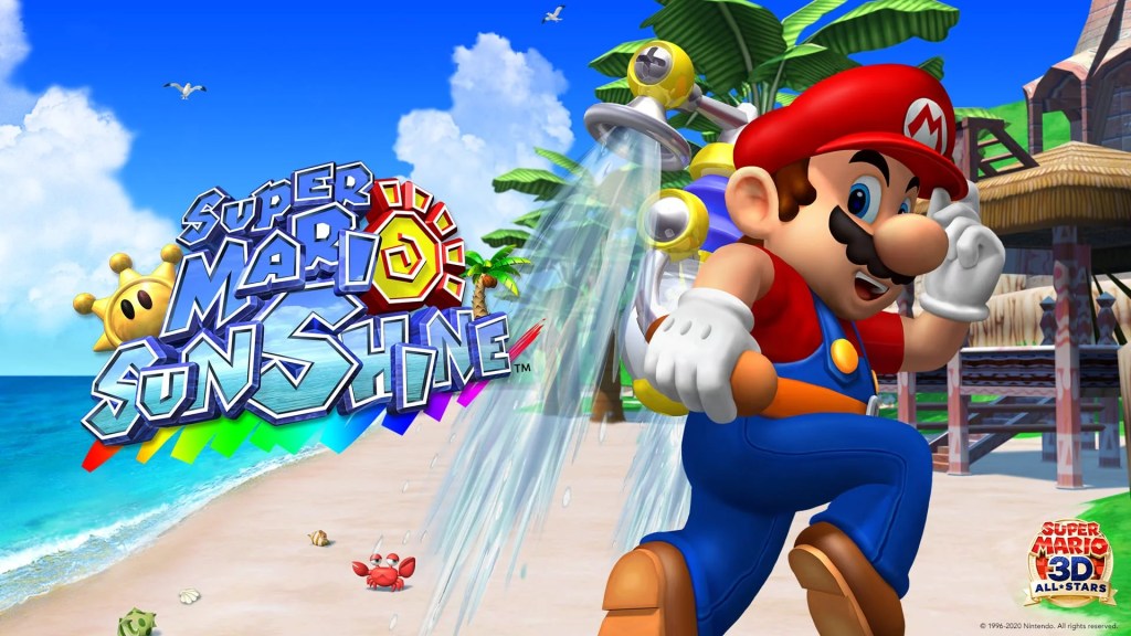 A video game screen with a cartoon character running on a beach