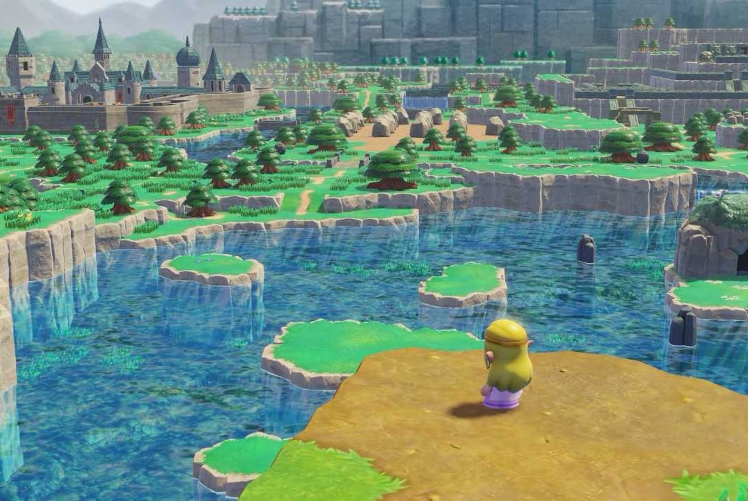 Screenshot from Echoes of Wisdom featuring Princess Zelda staring out over the whole of Hyrule.