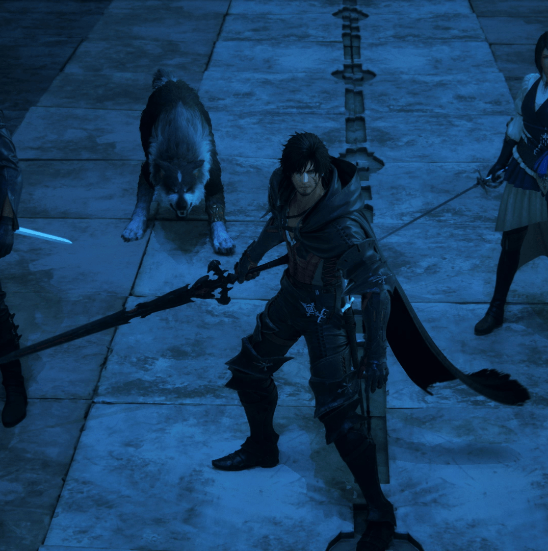 Screenshot from Final Fantasy XVI featuring Cid, Torgal the wolf, Clive, and Jill