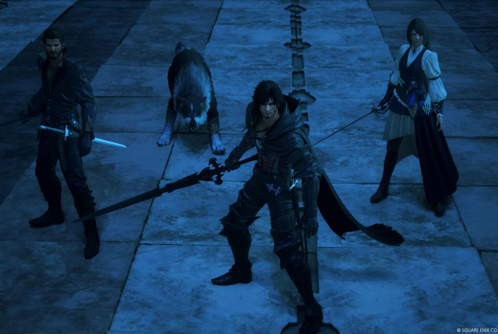 Screenshot from Final Fantasy XVI featuring Cid, Torgal the wolf, Clive, and Jill