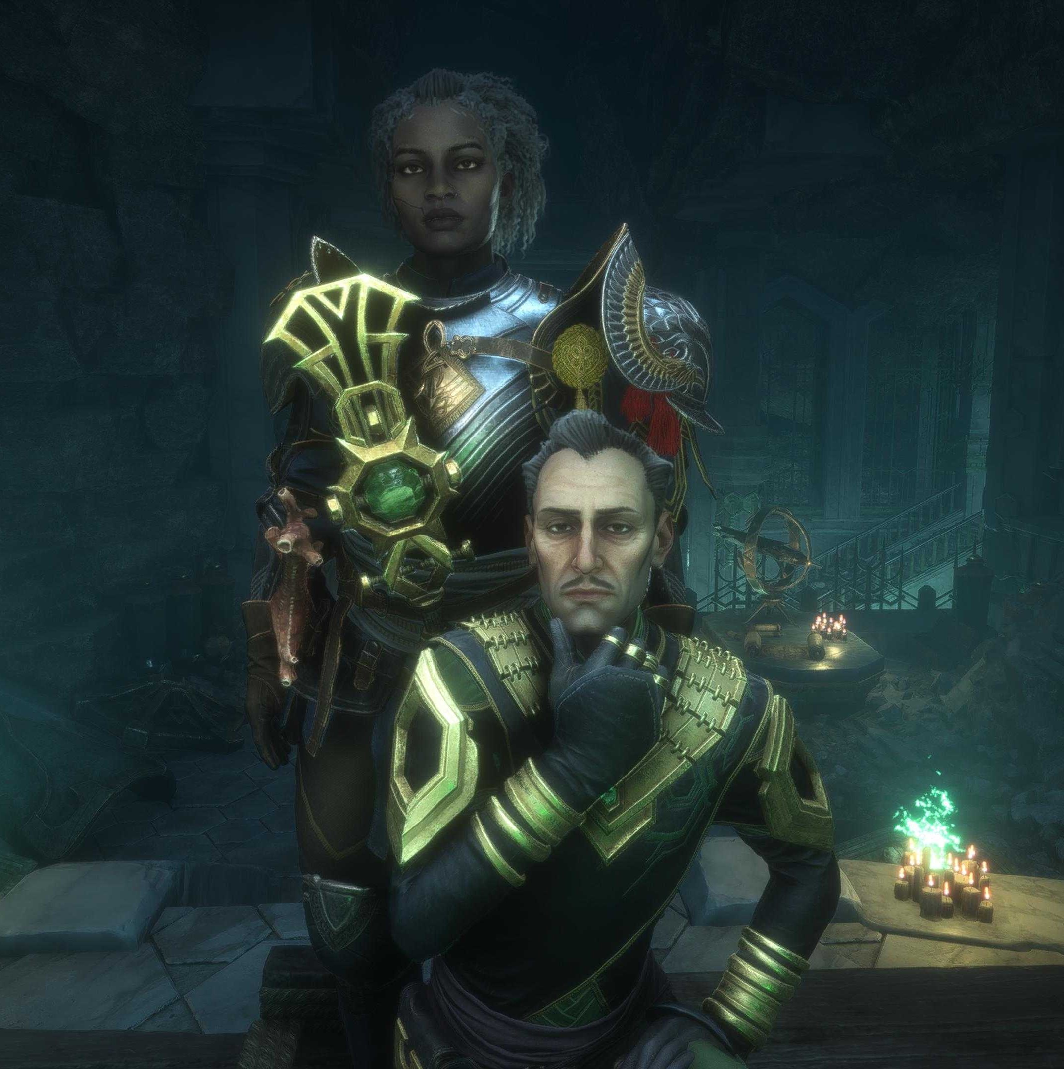 Screenshot from Dragon Age: The Veilguard featuring two characters one standing a Black female wearing heavy plate armor, and one kneeling an older white man with a large ornate staff.