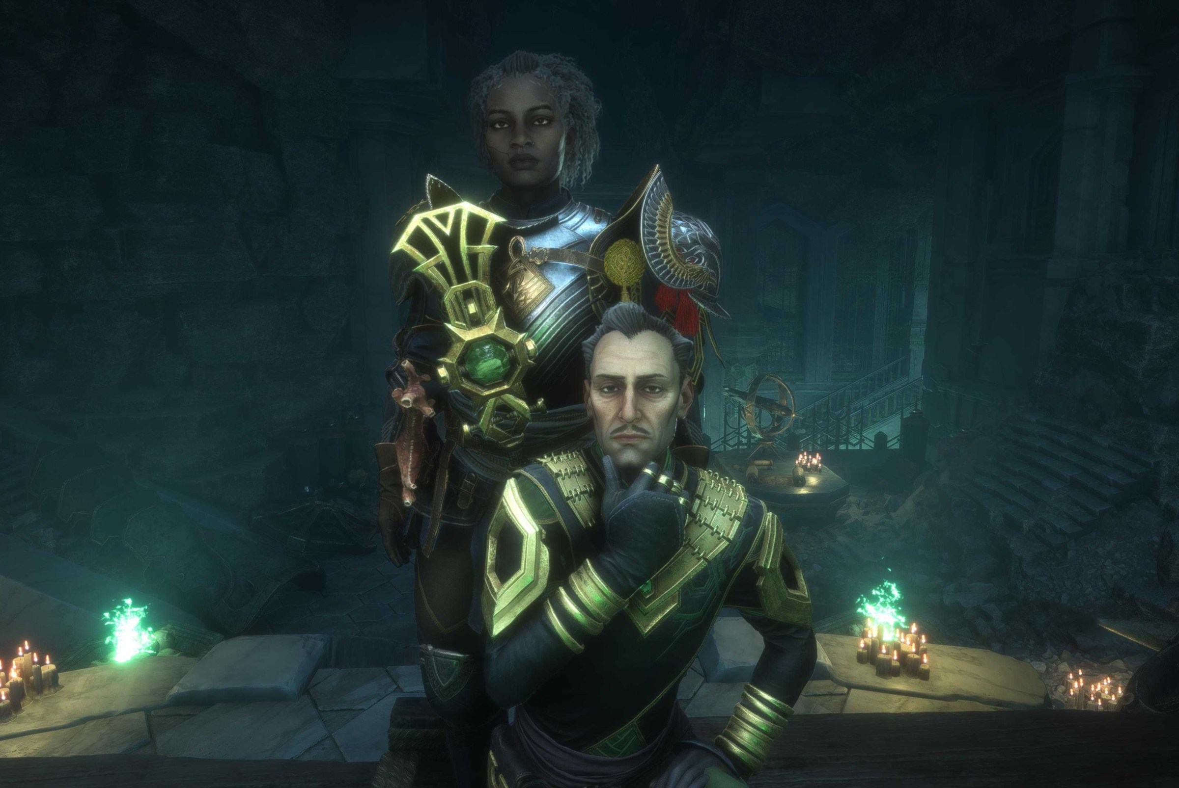 Screenshot from Dragon Age: The Veilguard featuring two characters one standing a Black female wearing heavy plate armor, and one kneeling an older white man with a large ornate staff.