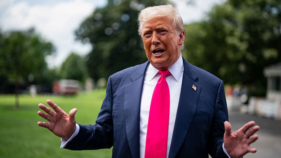 US President Donald Trump speaks to members of the media on the South Lawn of the White House before boarding Marine One in Washington, DC, US, on Tuesday, July 15, 2025. Trump will announce $70 billion in artificial intelligence and energy investments in Pennsylvania on Tuesday, the latest push from the White House to speed up development of the emerging technology. Photographer: Al Drago/Bloomberg via Getty Images